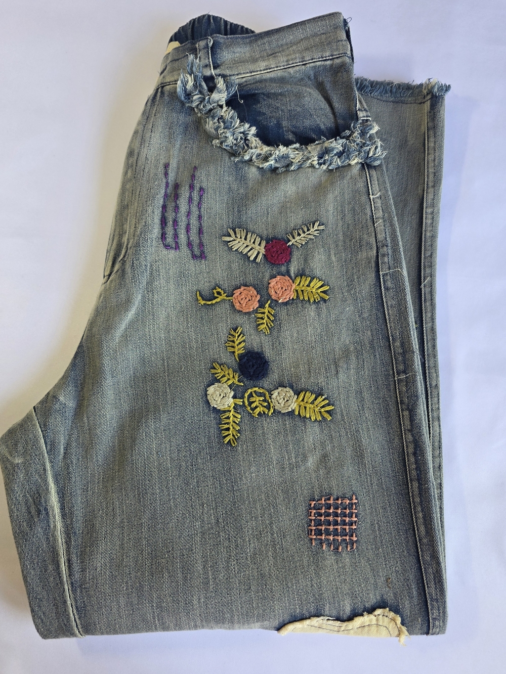 Blue Velvet Hippy Patchwork Embroidered Heart Jeans Boho Wide Leg Distressed - Picture 3 of 7